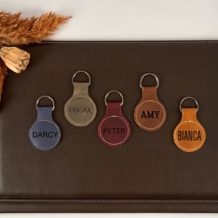 Personalized Round Leather Keychain, Custom Leather Circle Keychain for Birthday Gift, Name Initial Personalized Gift, Gift for Him - Image 1